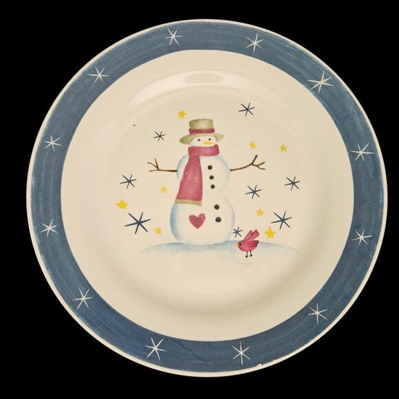 Set of 2 Snowman Christmas Dinner Plates 10.5" Blue Rim Holiday Winter Dinnerwar - Picture 1 of 5